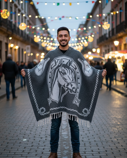Men's Mexican Poncho - Two Horses - GREY