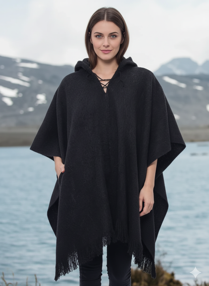 Black Soft Hooded Alpaca Poncho for Women