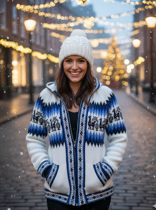 Fair Isle Alpaca Hoodie for Women | White Full Zip Sweater