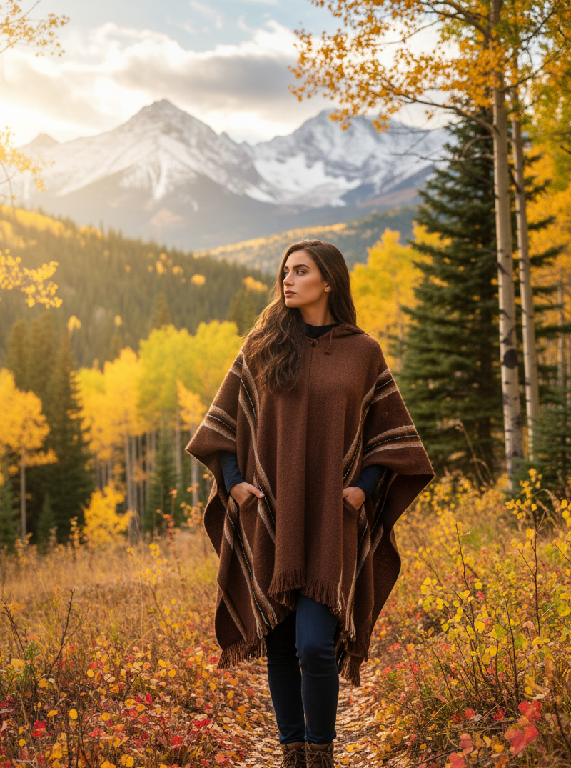 Hooded Rustic Poncho Brown