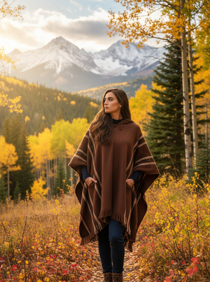 Hooded Rustic Poncho Brown