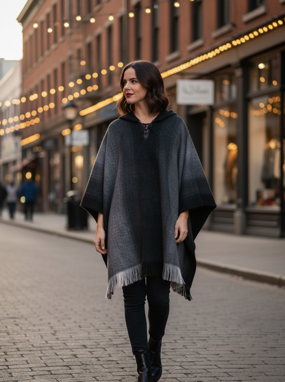 Hooded Black and Gray Alpaca Poncho for Women