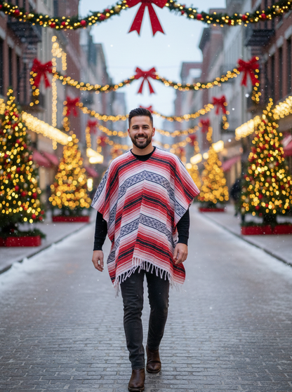 Unisex Mexican Poncho | Red Stripes