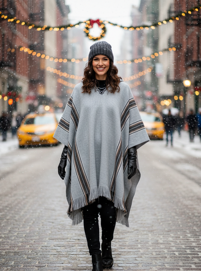 Gray Alpaca Poncho Hooded for Women