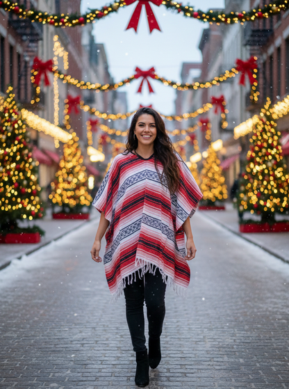Unisex Mexican Poncho | Red Stripes