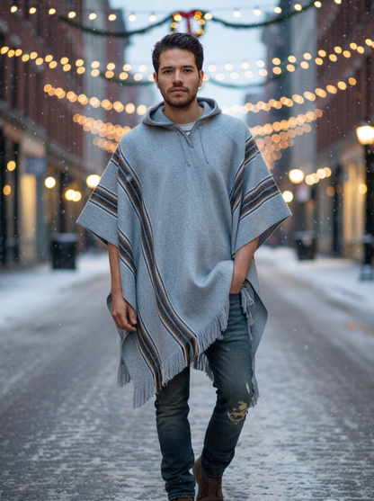 Gray Alpaca Poncho Hooded for Men