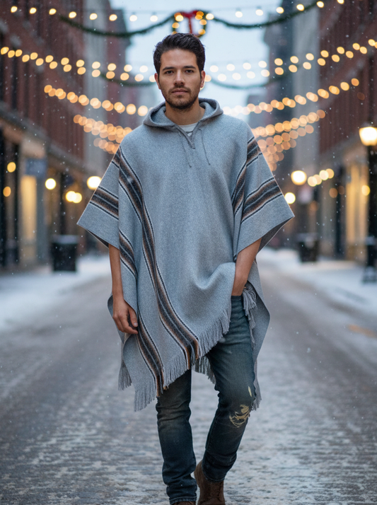 Gray Alpaca Poncho Hooded for Men