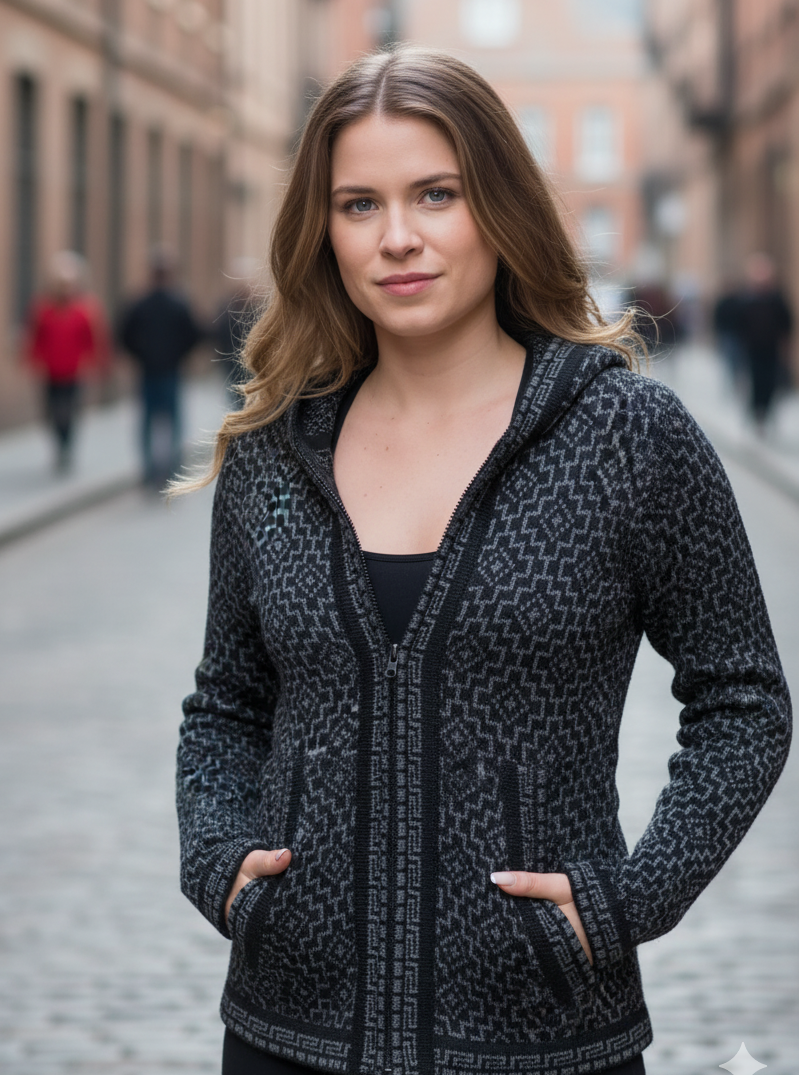 Black Alpaca Zip Up Hoodie for Women