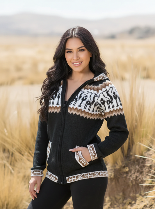 Black Alpaca Full Zip Hoodie for Women