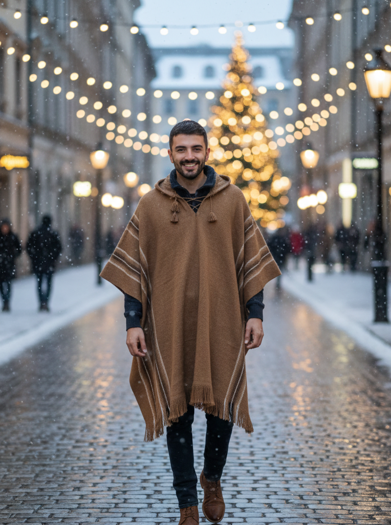 Hooded Brown Alpaca Poncho for Men