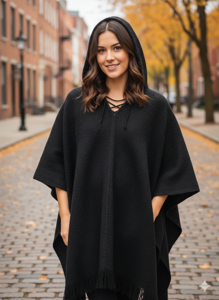 Black Soft Hooded Alpaca Poncho for Women