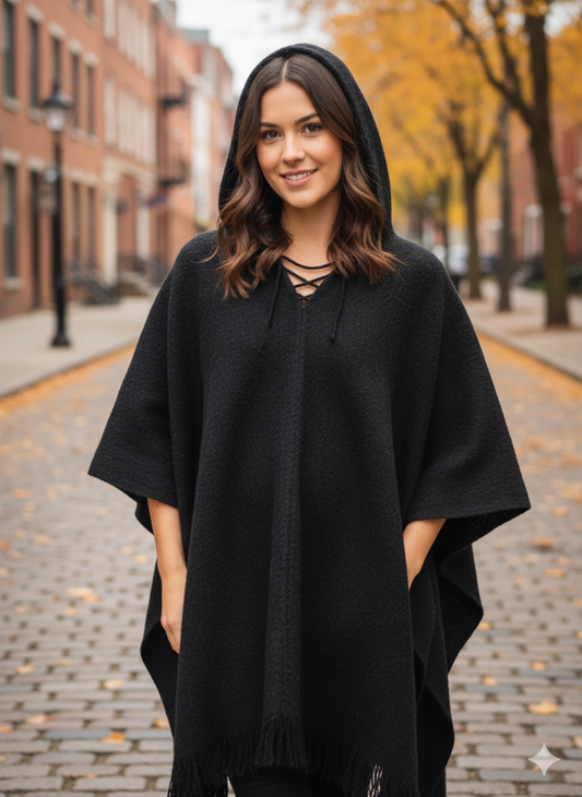 Black Soft Hooded Alpaca Poncho for Women