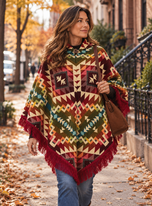 Bohemian Mexican Hooded Poncho for Women