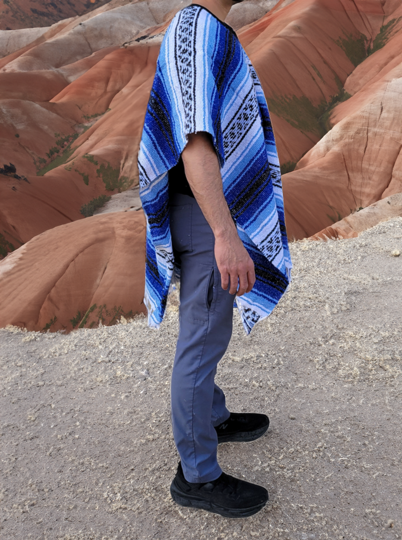 Blue Mexican Poncho | Serape Striped Poncho