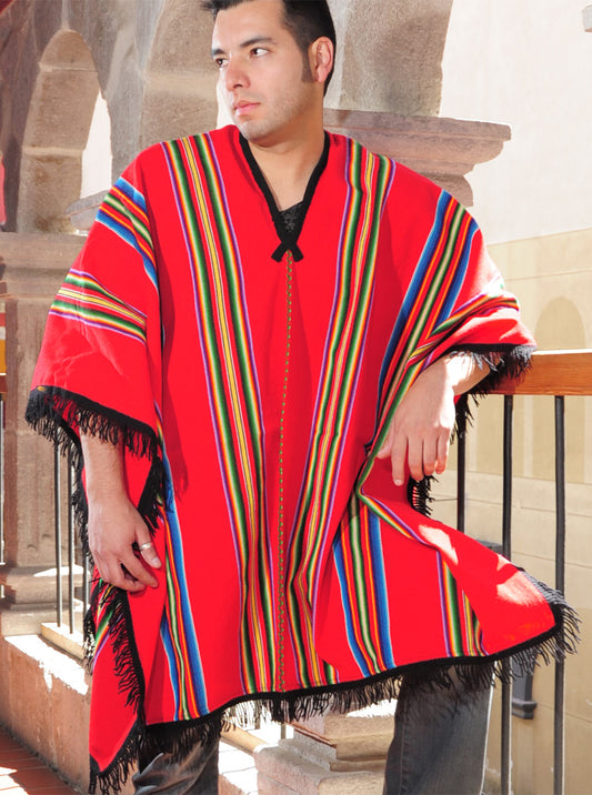 Poncho rouge rayures multicolores