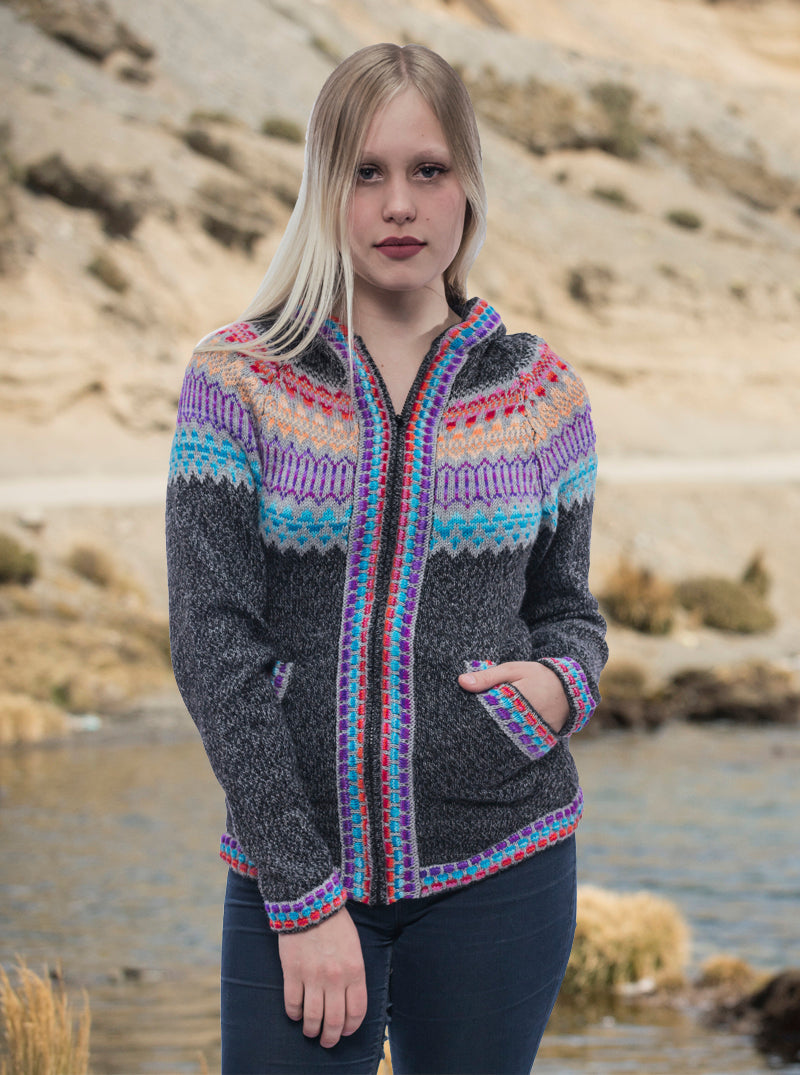 Raymis Women's Alpaca Wool Cardigan - Hand Knitted Llama Design Zip Sweater (Blue, Large)