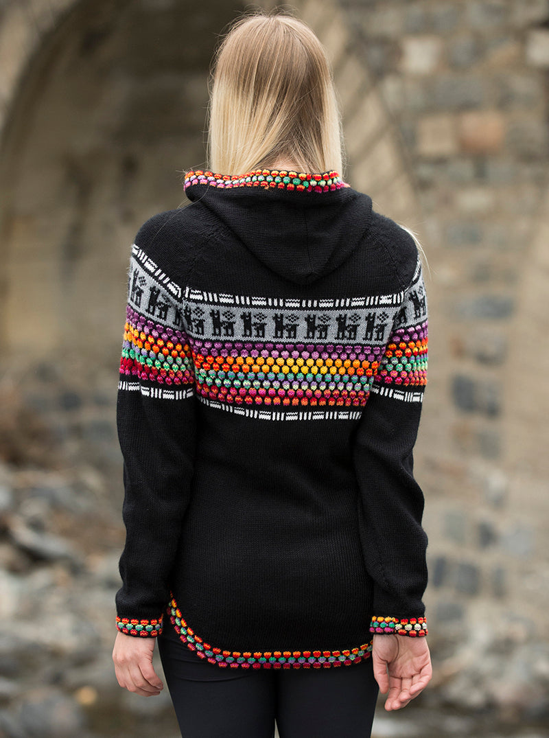 Suéter con capucha negro y estampado de colores en el pecho