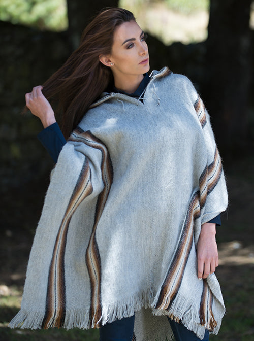Poncho Donna In Lana Di Alpaca 100% Fatto A Mano - Con Cappuccio - Autunno Inverno - Gamboa