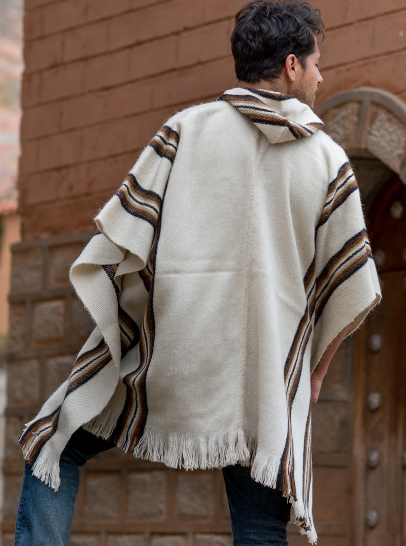White Alpaca Poncho with Brown Lines for Men