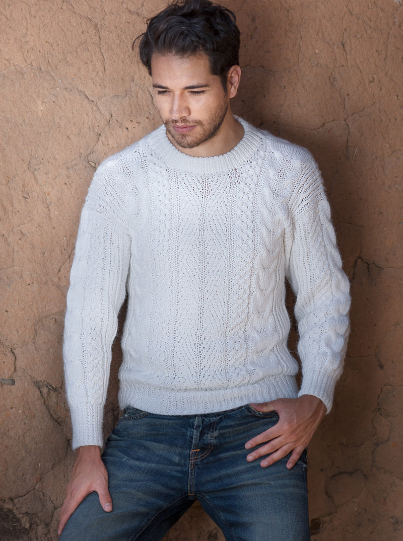 White Hand Knitted Alpaca Sweater for Men