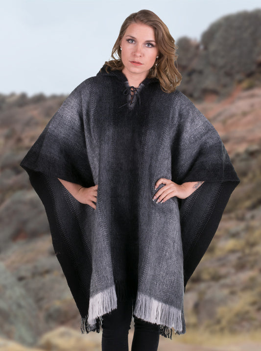 Hooded Black and Gray Alpaca Poncho for Women
