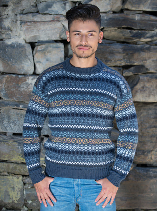 Blue Alpaca Sweater for Men Round Neck