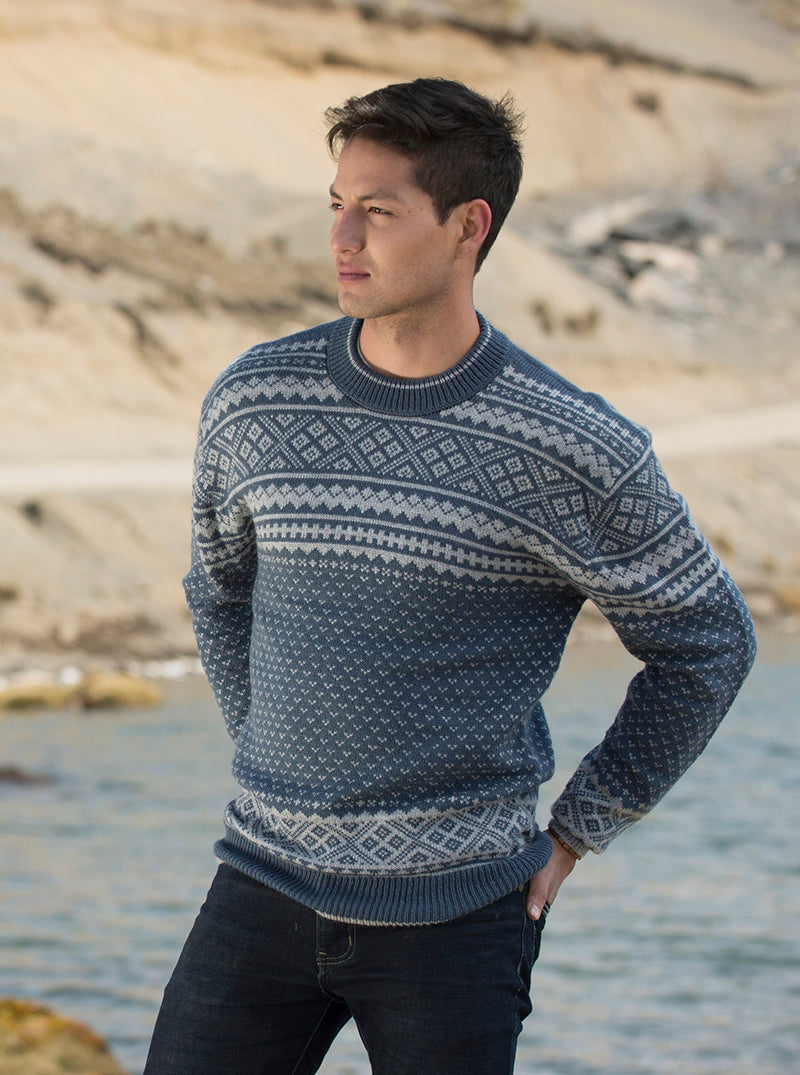 Blue Alpaca Round Neck Sweater for Men