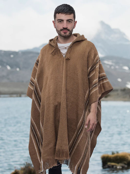 Hooded Brown Alpaca Poncho for Men