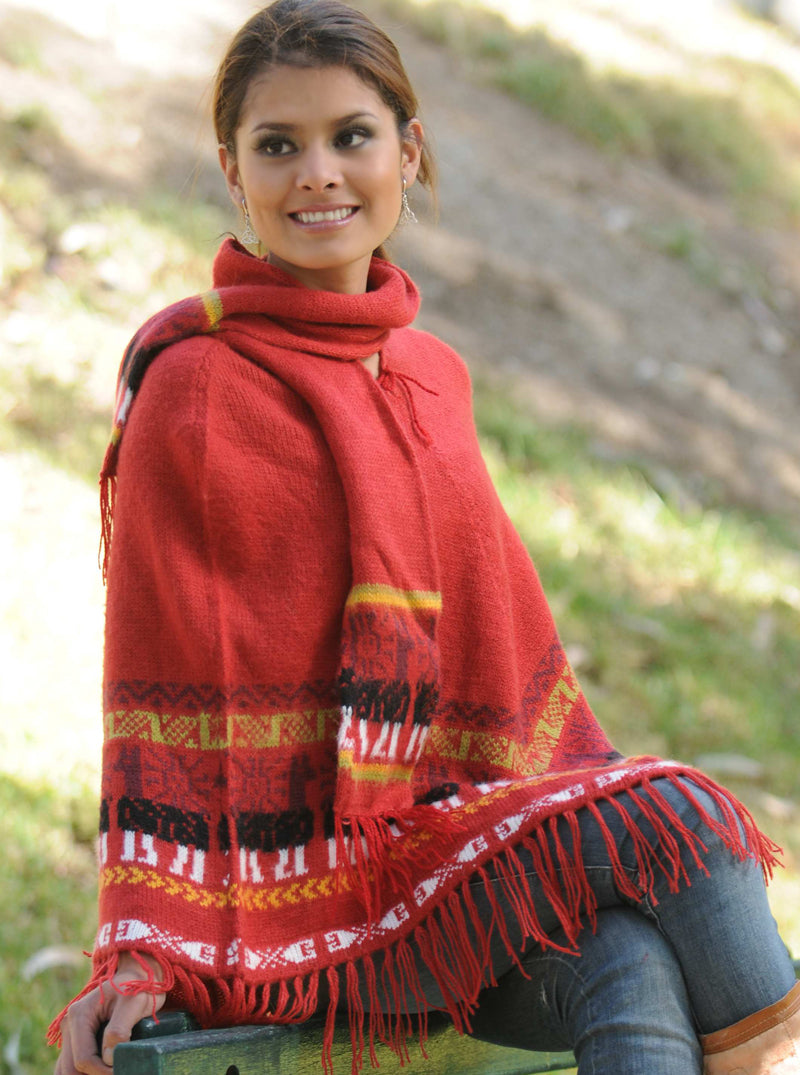 Red Alpaca Poncho with Scarf for Women