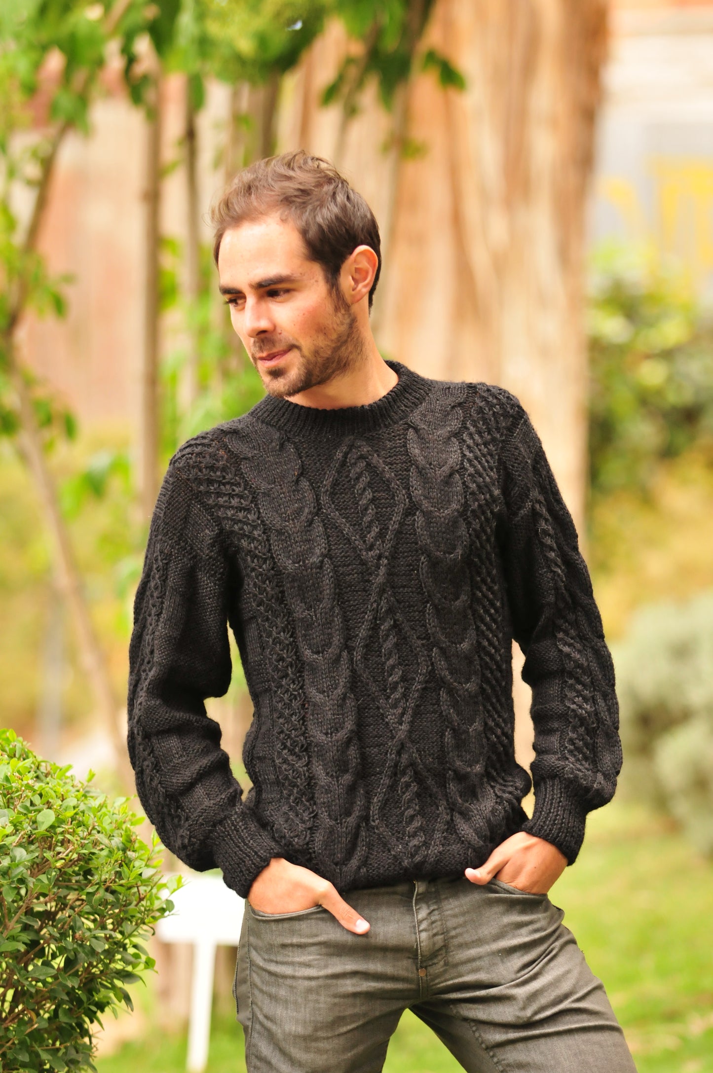 Hand Knitted Black Alpaca Sweater for Men
