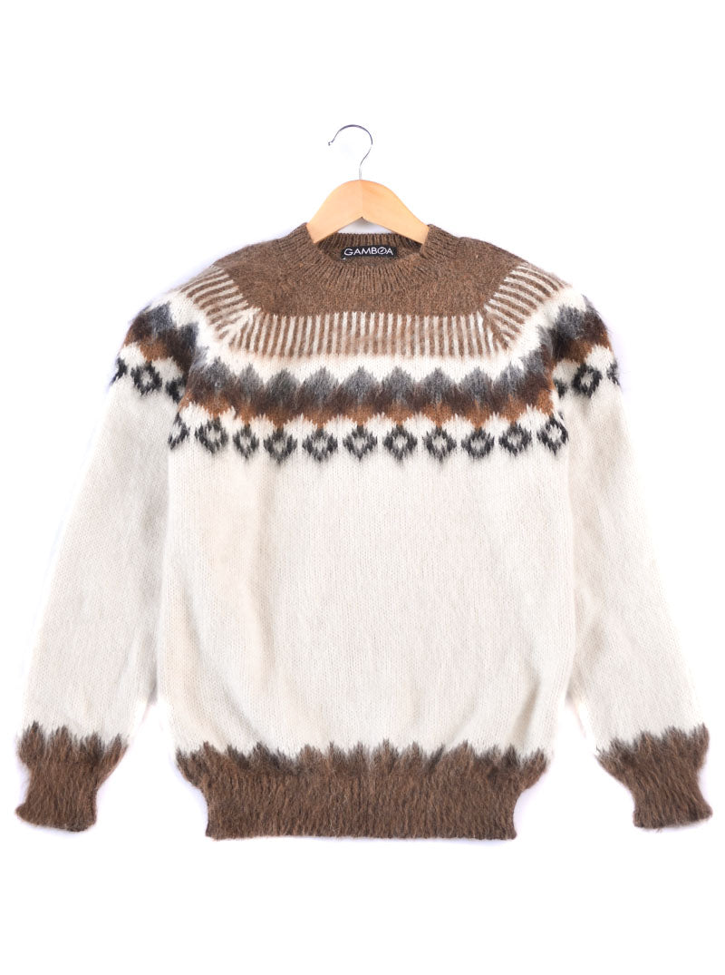 Brown and White Alpaca Round Neck Sweater