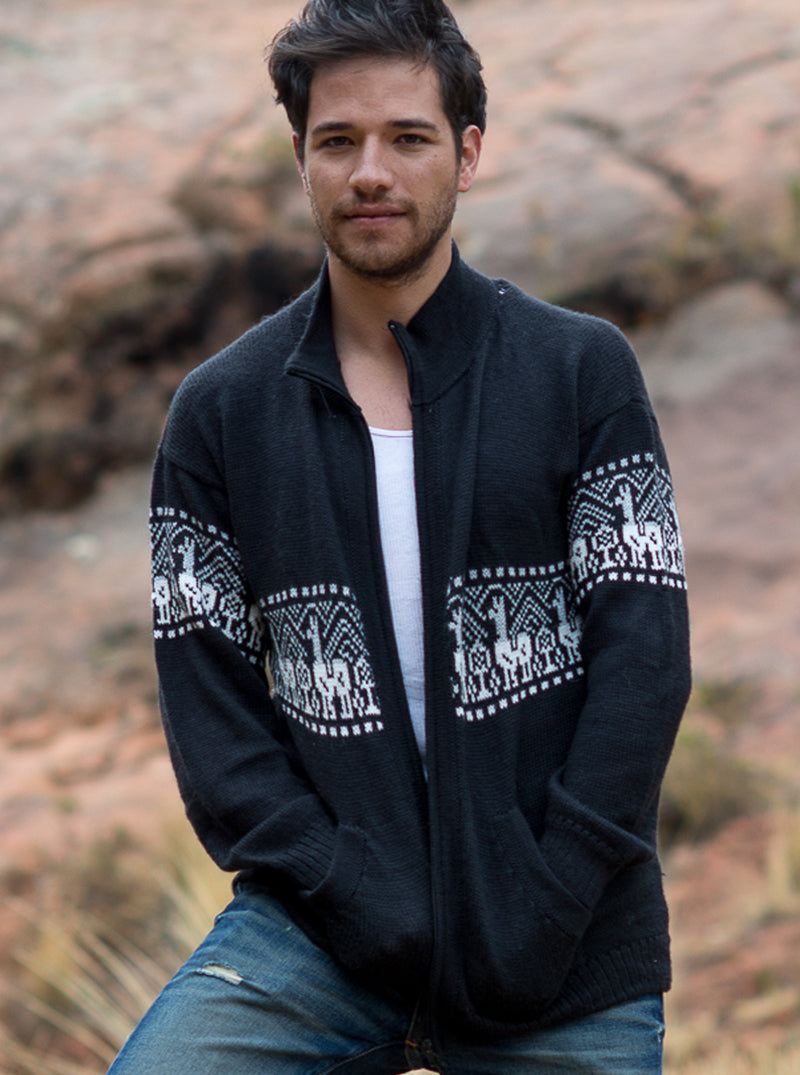 Black Alpaca Full Zip Sweater for Men