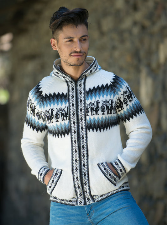 Suéter Blanco de Alpaca con Cierre y Capucha Andino