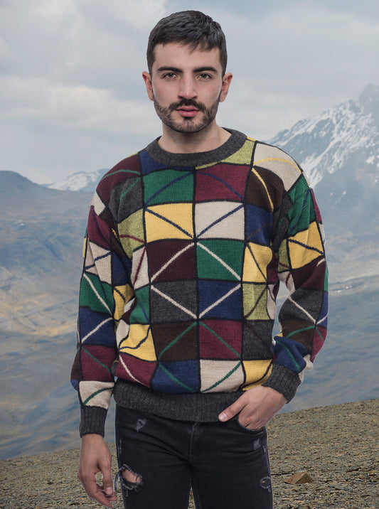 Multicolor Round Neck Alpaca Sweater for Men